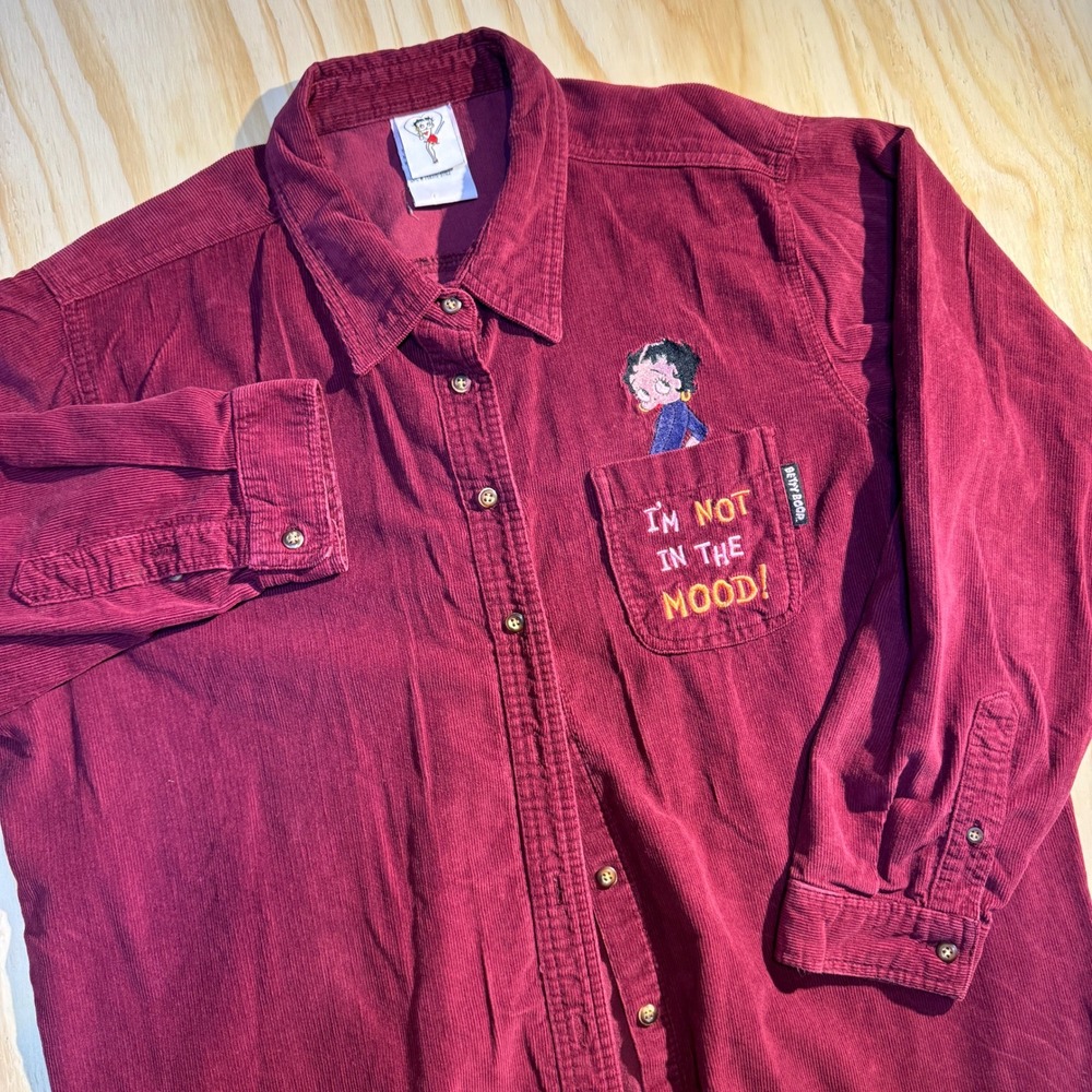 Betty Boop Womens Freeze Embroidered Corduroy Button Up Shirt Maroon Size 22/24W